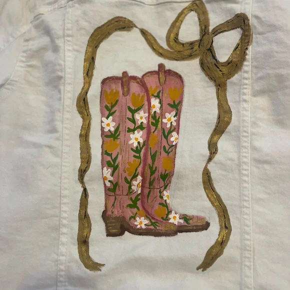 🎀Hand Painted White Denim Jacket with Floral Boot Design - Picture 7 of 13